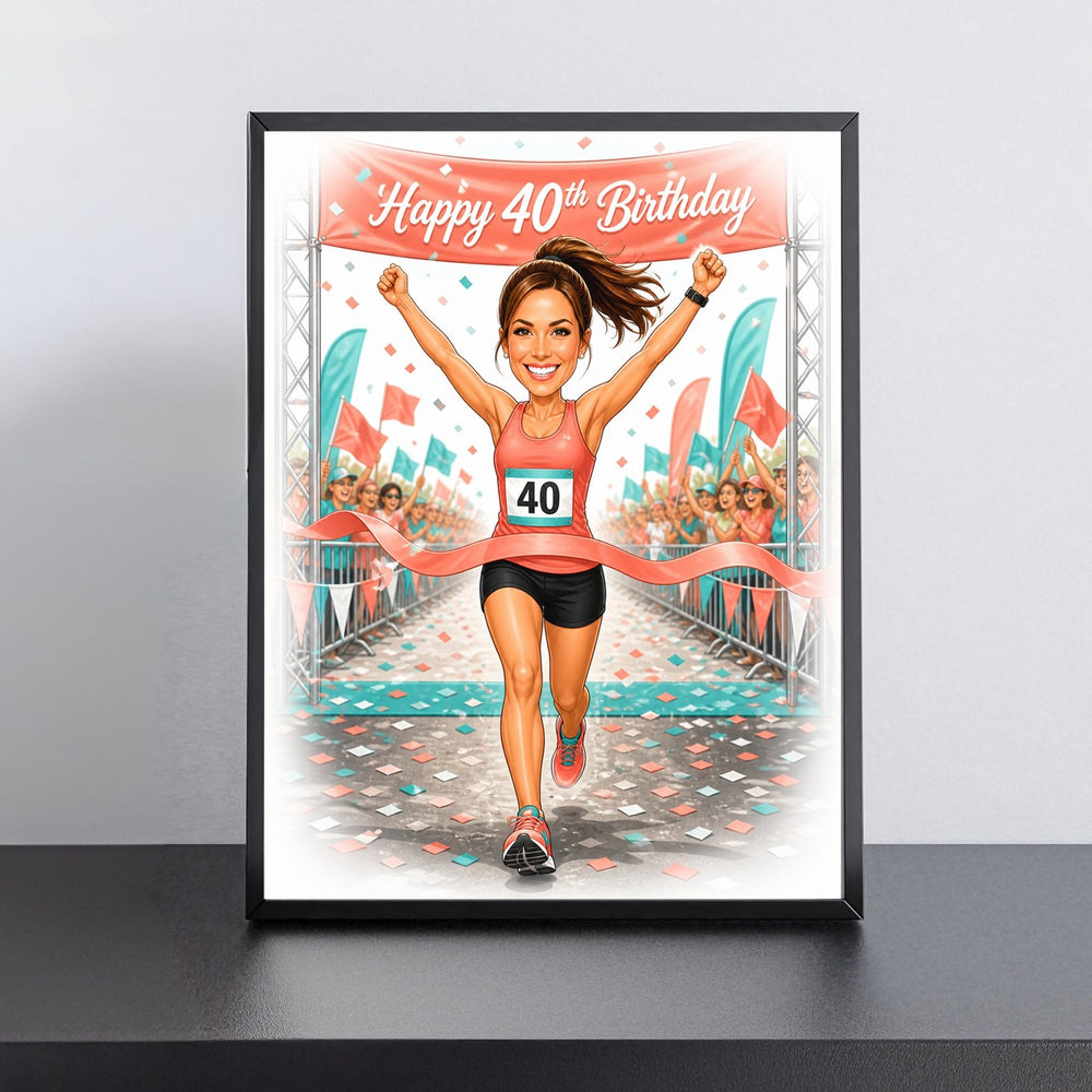 Custom Running Birthday Caricature for Her printed and framed on a wall