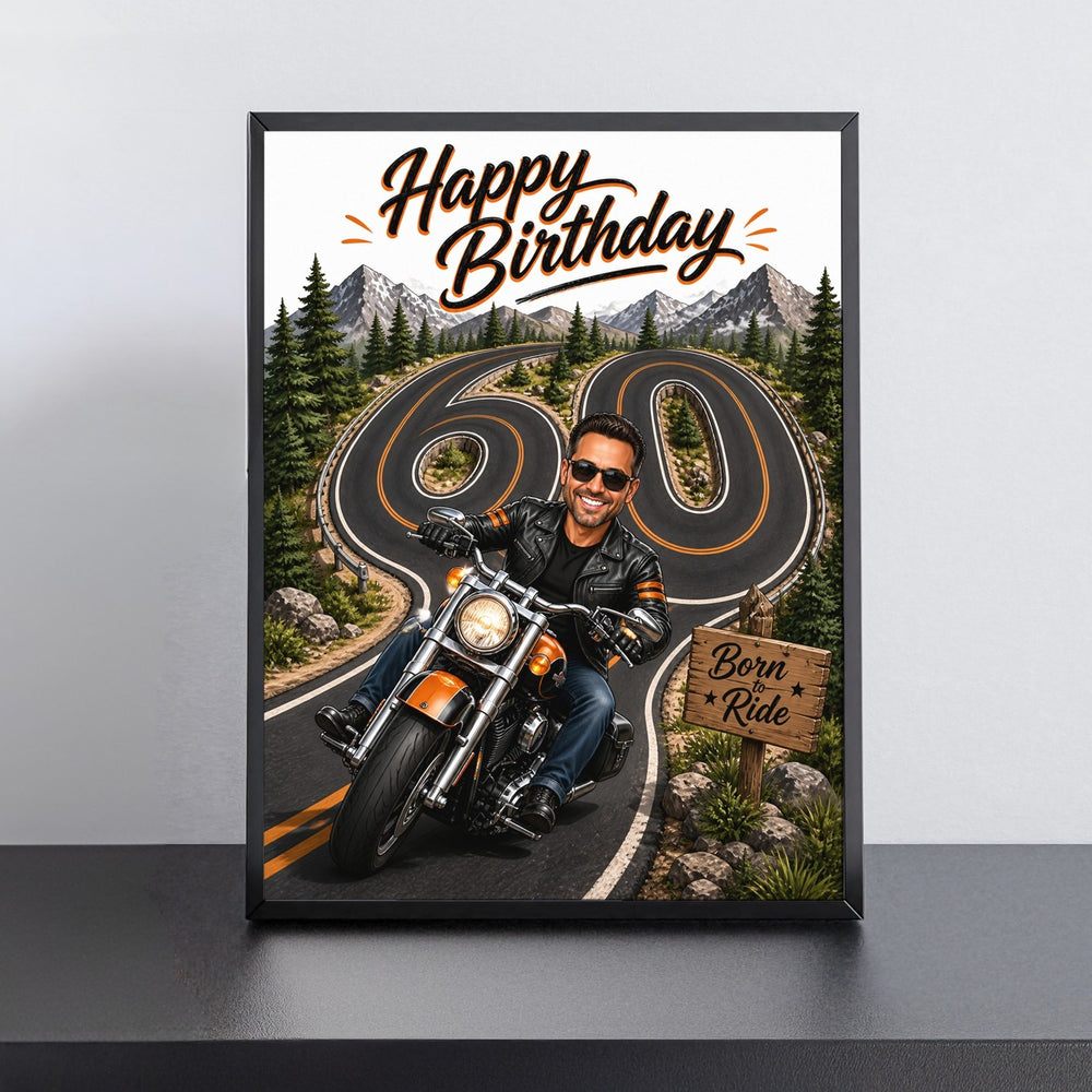 Custom Motorcycle in Action Birthday Caricature for Him printed and framed on a wall