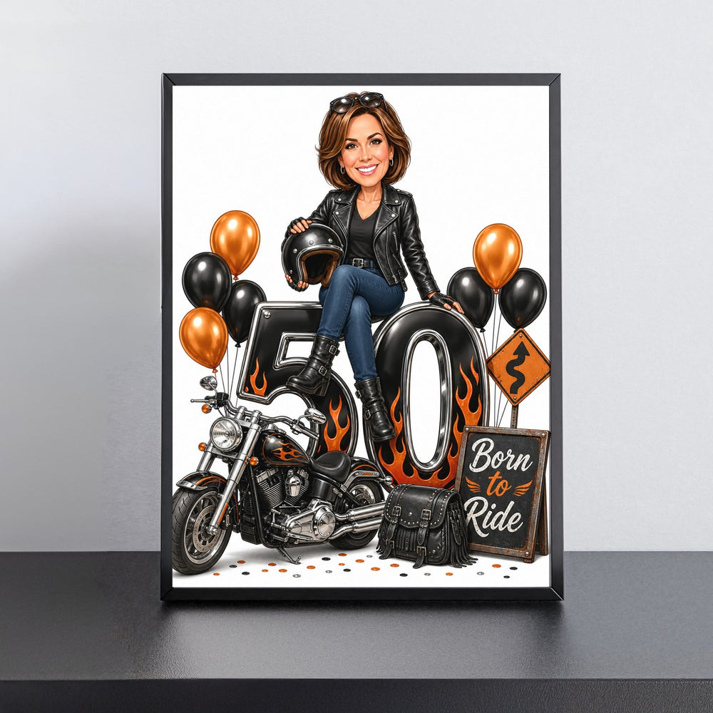 Custom Motorcycle Birthday Caricature for Her printed and framed on a wall