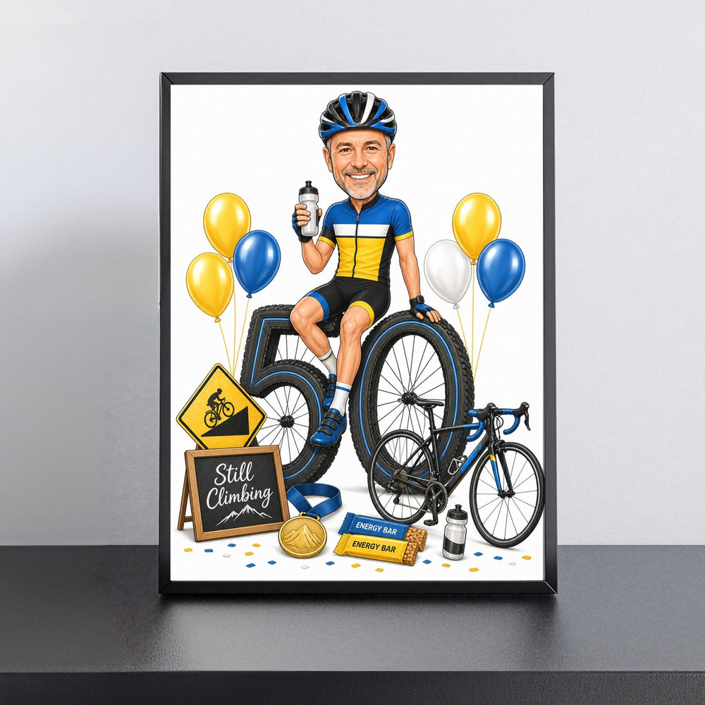 Custom Cycling Birthday Caricature for Him on Giant Number printed and framed on a wall