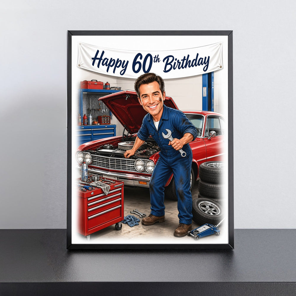 Custom Mechanic in Action Birthday Caricature for Him printed and framed on a wall