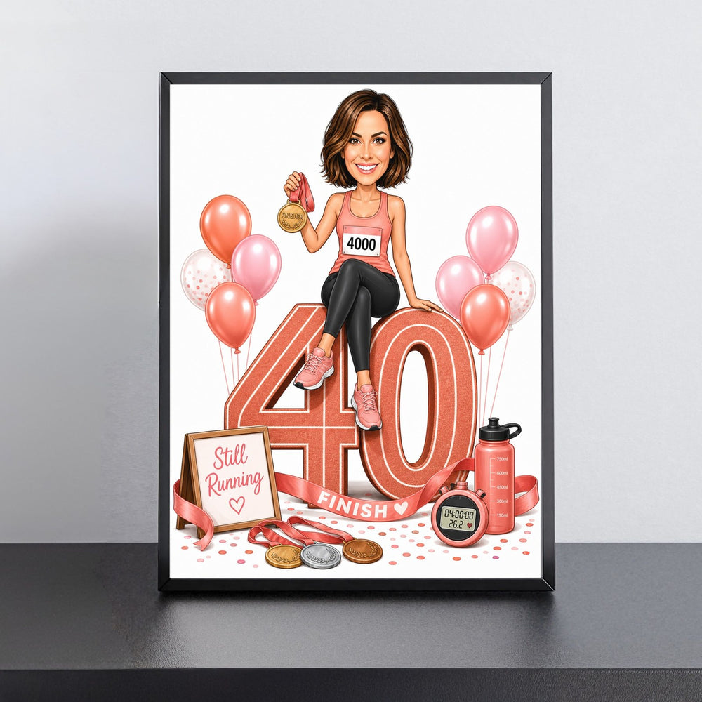 Custom Running Birthday Caricature for Her with Medal printed and framed on a wall