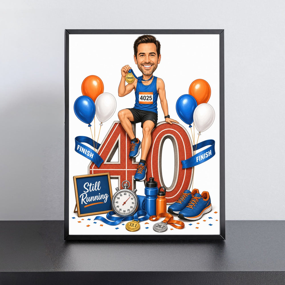 Custom Running Birthday Caricature for Him on Giant Number printed and framed on a wall