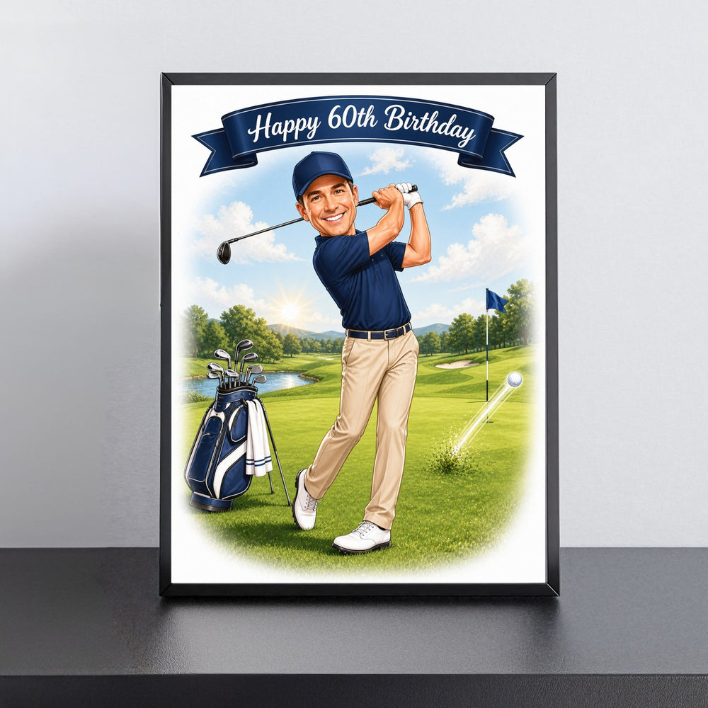 Custom Golf in Action Birthday Caricature for Him printed and framed on a wall