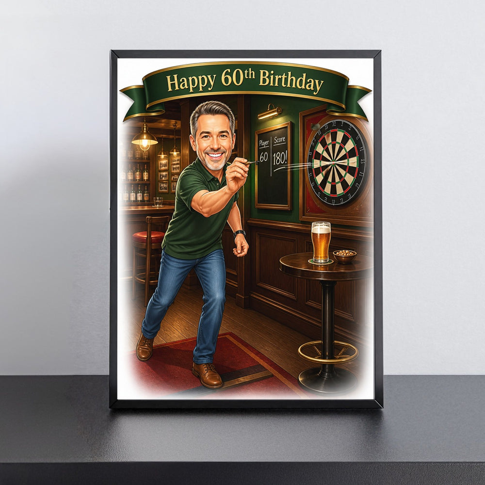 Custom Darts in Action Birthday Caricature for Him printed and framed on a wall