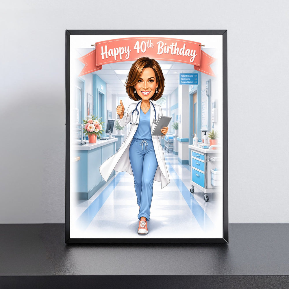 Custom Doctor in Action Birthday Caricature for Her printed and framed on a wall