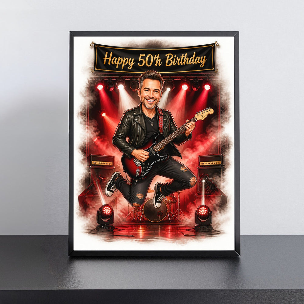 Custom Rock Guitar Birthday Caricature for Him printed and framed on a wall
