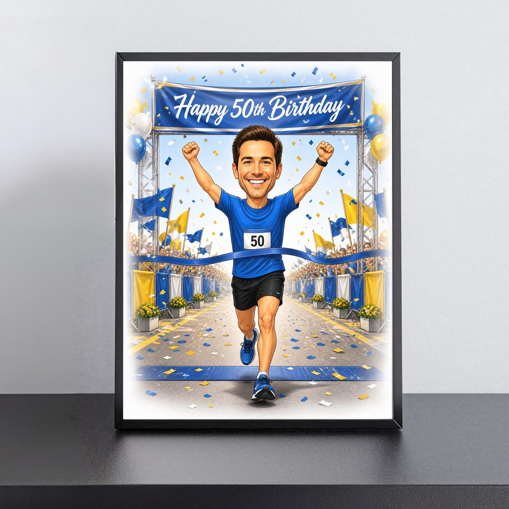Custom Running in Action Birthday Caricature for Him printed and framed on a wall