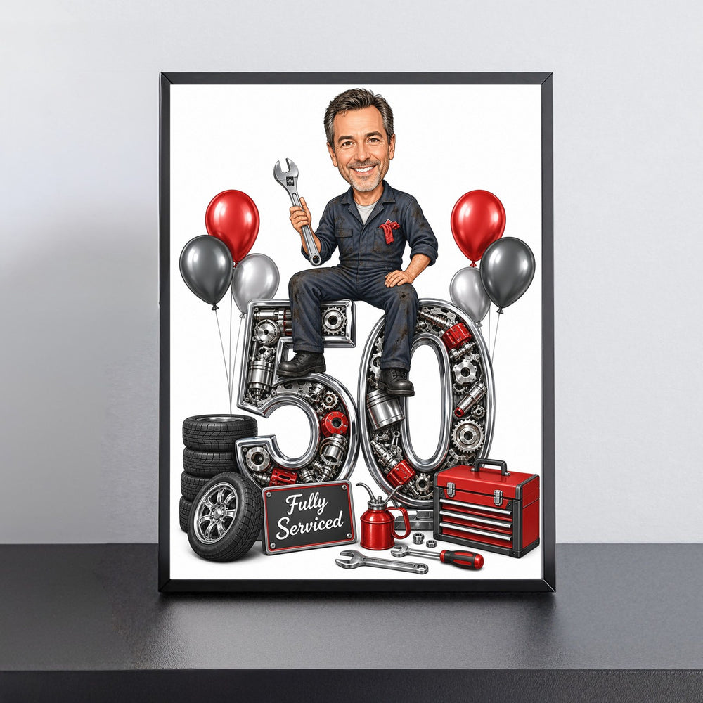 Custom Mechanic Birthday Caricature for Him on Giant Number printed and framed on a wall