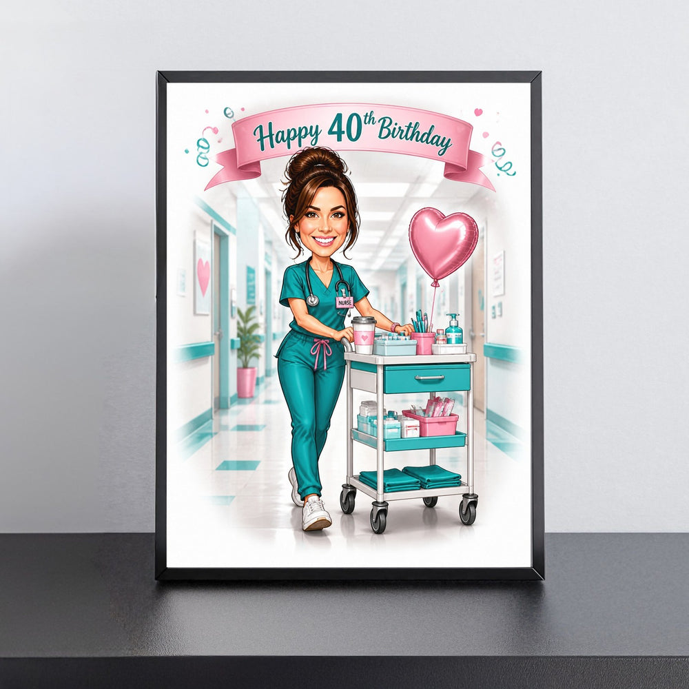 Custom Nurse in Action Birthday Caricature for Her printed and framed on a wall