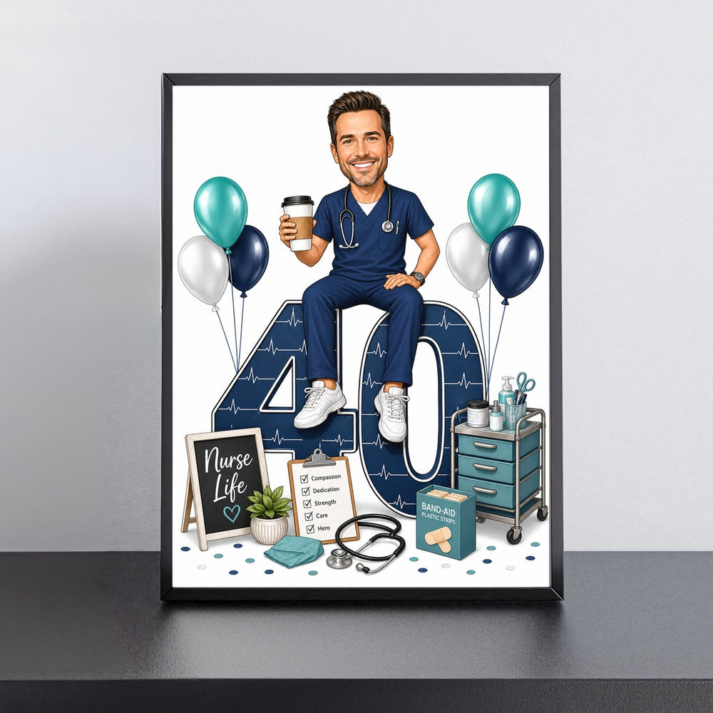 Custom Nurse Birthday Caricature for Him printed and framed on a wall