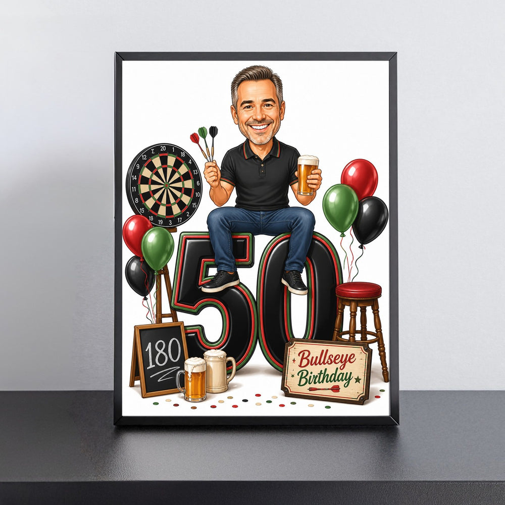 Custom Darts Birthday Caricature for Him on Giant Number printed and framed on a wall