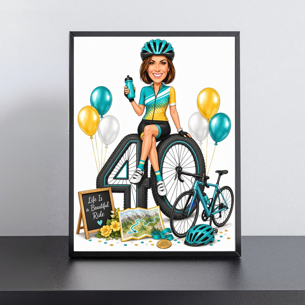Custom Cycling Birthday Caricature for Her on Giant Number printed and framed on a wall