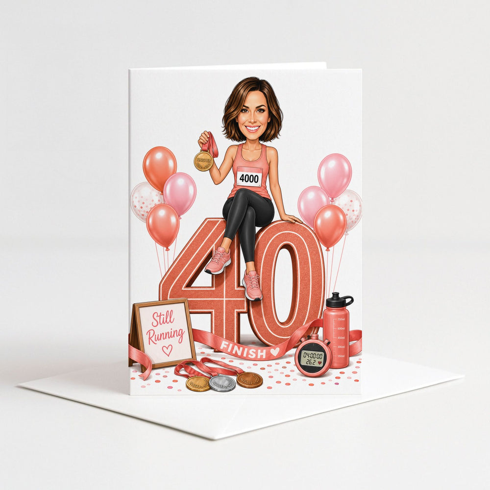 Custom Running Birthday Caricature for Her with Medal as a 5x7 greeting card with envelope