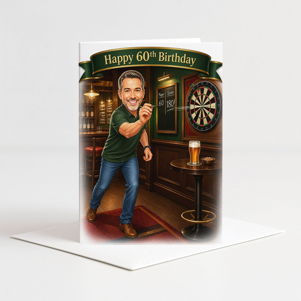 Custom Darts in Action Birthday Caricature for Him as a 5x7 greeting card with envelope
