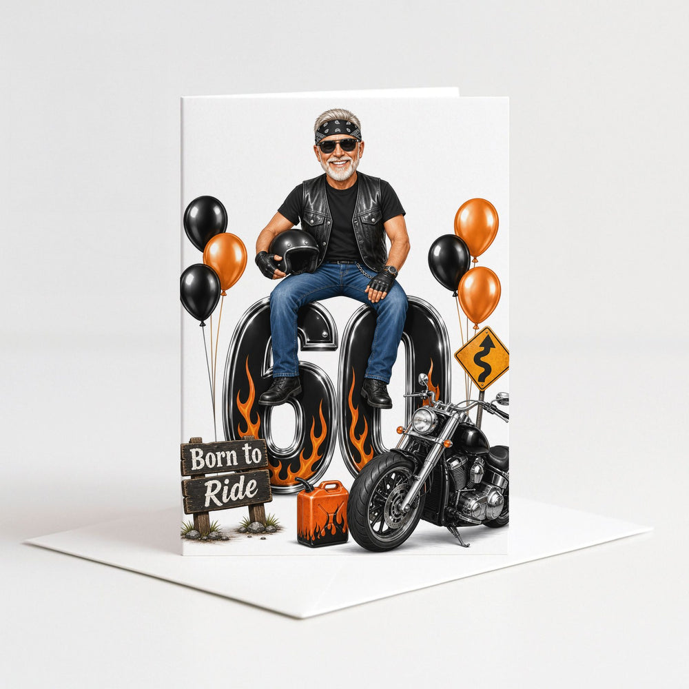 Custom Motorcycle Birthday Caricature for Him on Giant Number as a 5x7 greeting card with envelope