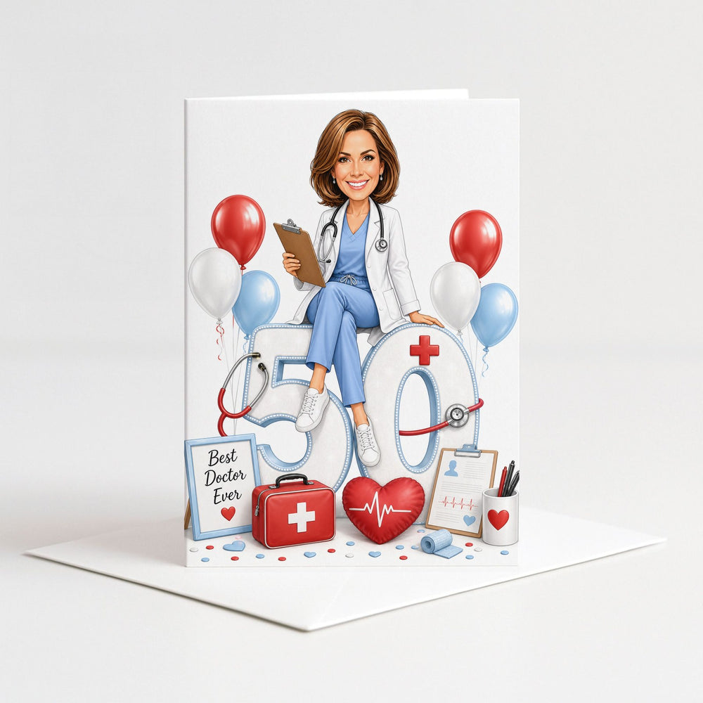 Custom Doctor Birthday Caricature for Her on Giant Number as a 5x7 greeting card with envelope