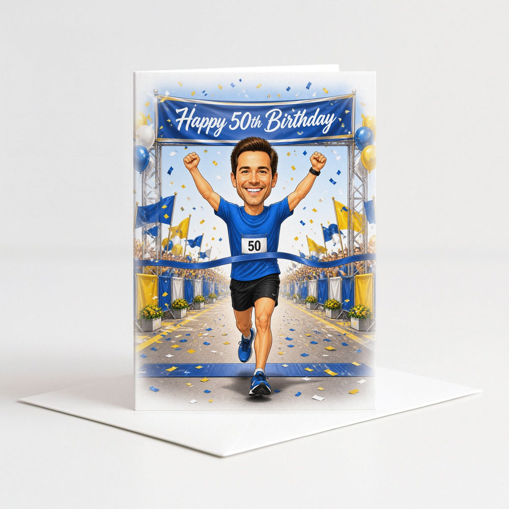 Custom Running in Action Birthday Caricature for Him as a 5x7 greeting card with envelope