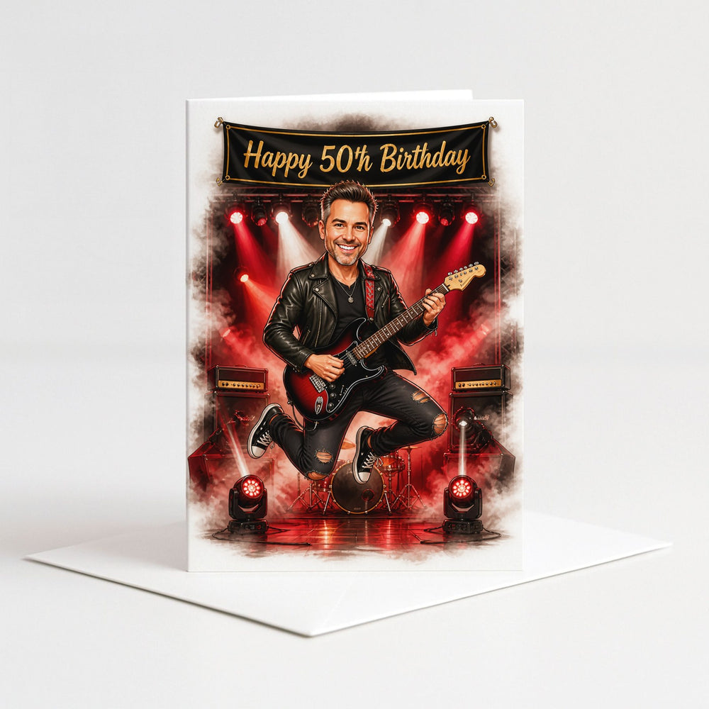 Custom Rock Guitar Birthday Caricature for Him as a 5x7 greeting card with envelope