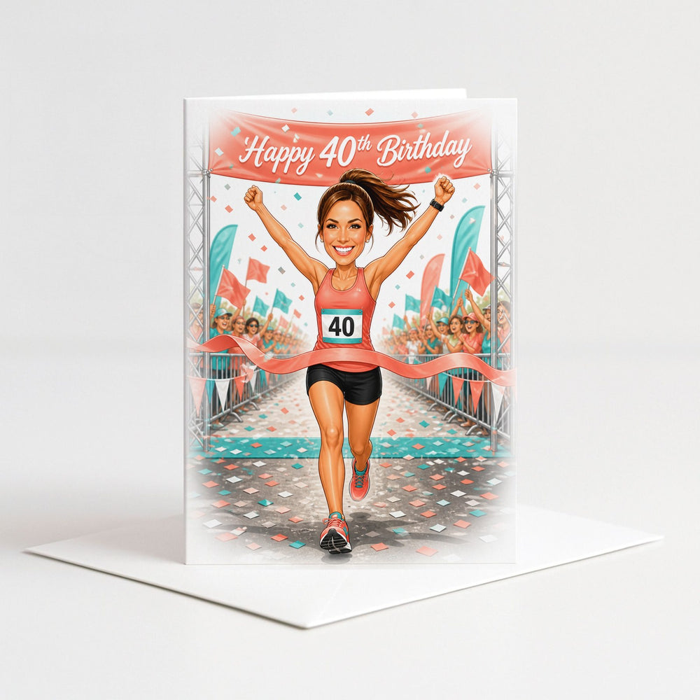 Custom Running Birthday Caricature for Her as a 5x7 greeting card with envelope