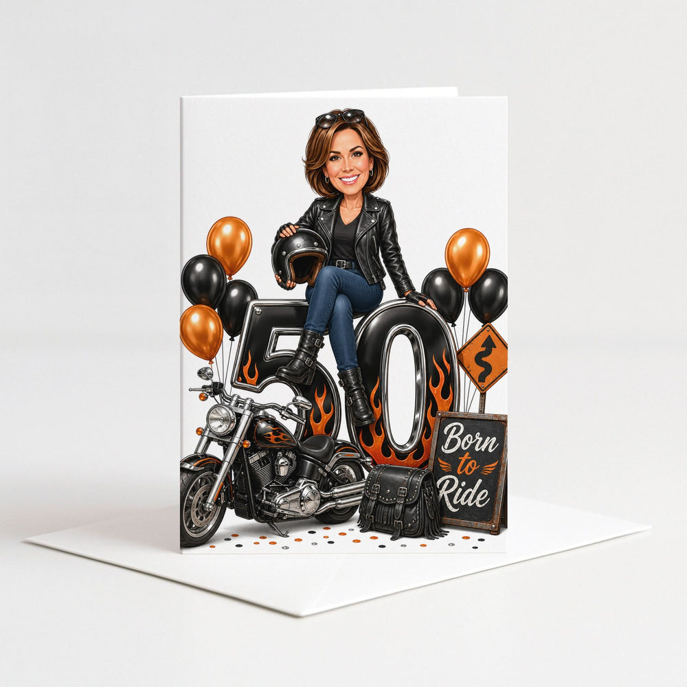Custom Motorcycle Birthday Caricature for Her as a 5x7 greeting card with envelope