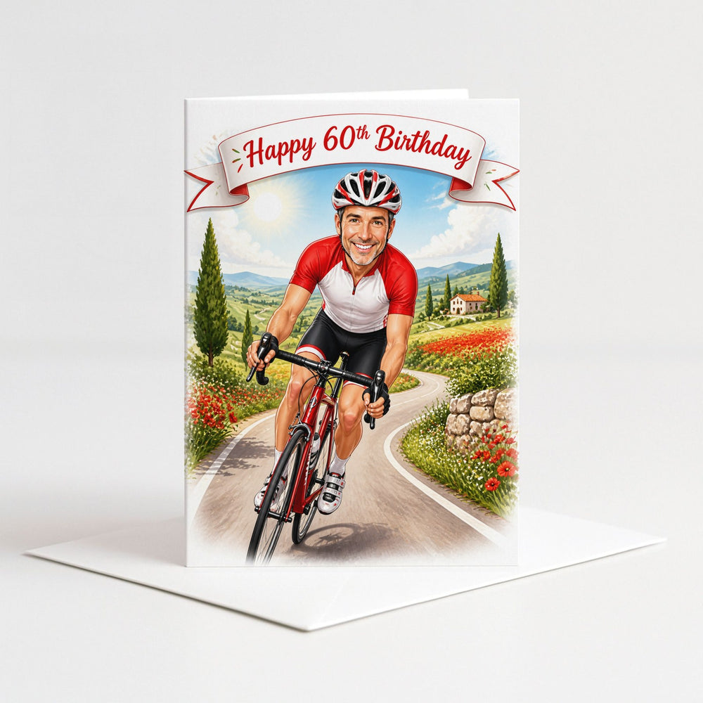 Custom Cycling in Action Birthday Caricature for Him as a 5x7 greeting card with envelope