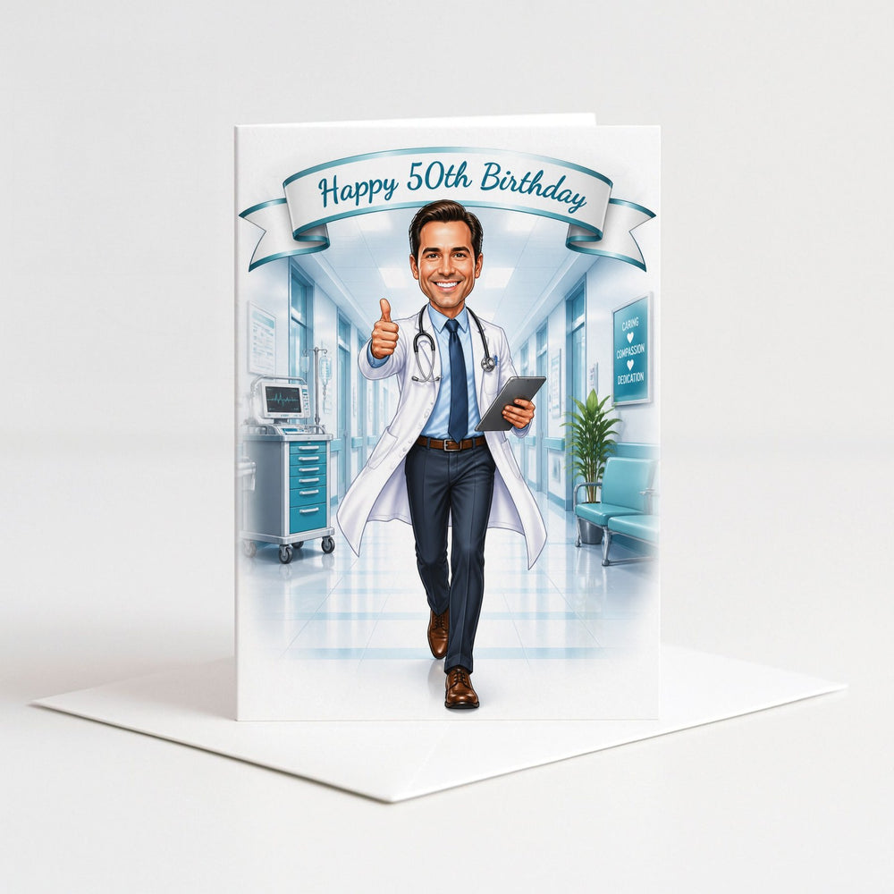 Custom Doctor in Action Birthday Caricature for Him as a 5x7 greeting card with envelope
