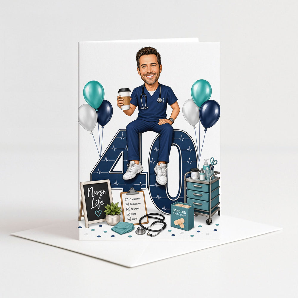 Custom Nurse Birthday Caricature for Him as a 5x7 greeting card with envelope