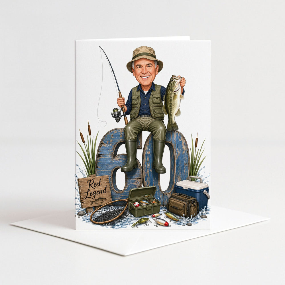 Custom Fishing Birthday Caricature for Him on Giant Number as a 5x7 greeting card with envelope