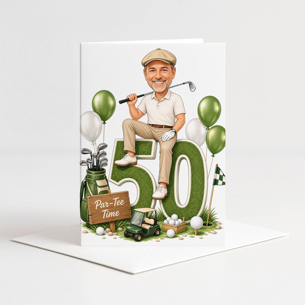 Custom Golf Birthday Caricature for Him on Giant Number as a 5x7 greeting card with envelope