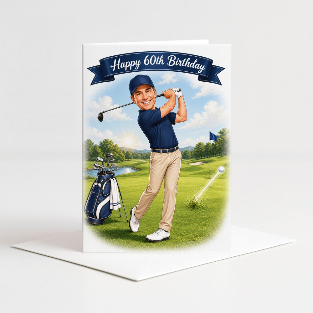 Custom Golf in Action Birthday Caricature for Him as a 5x7 greeting card with envelope