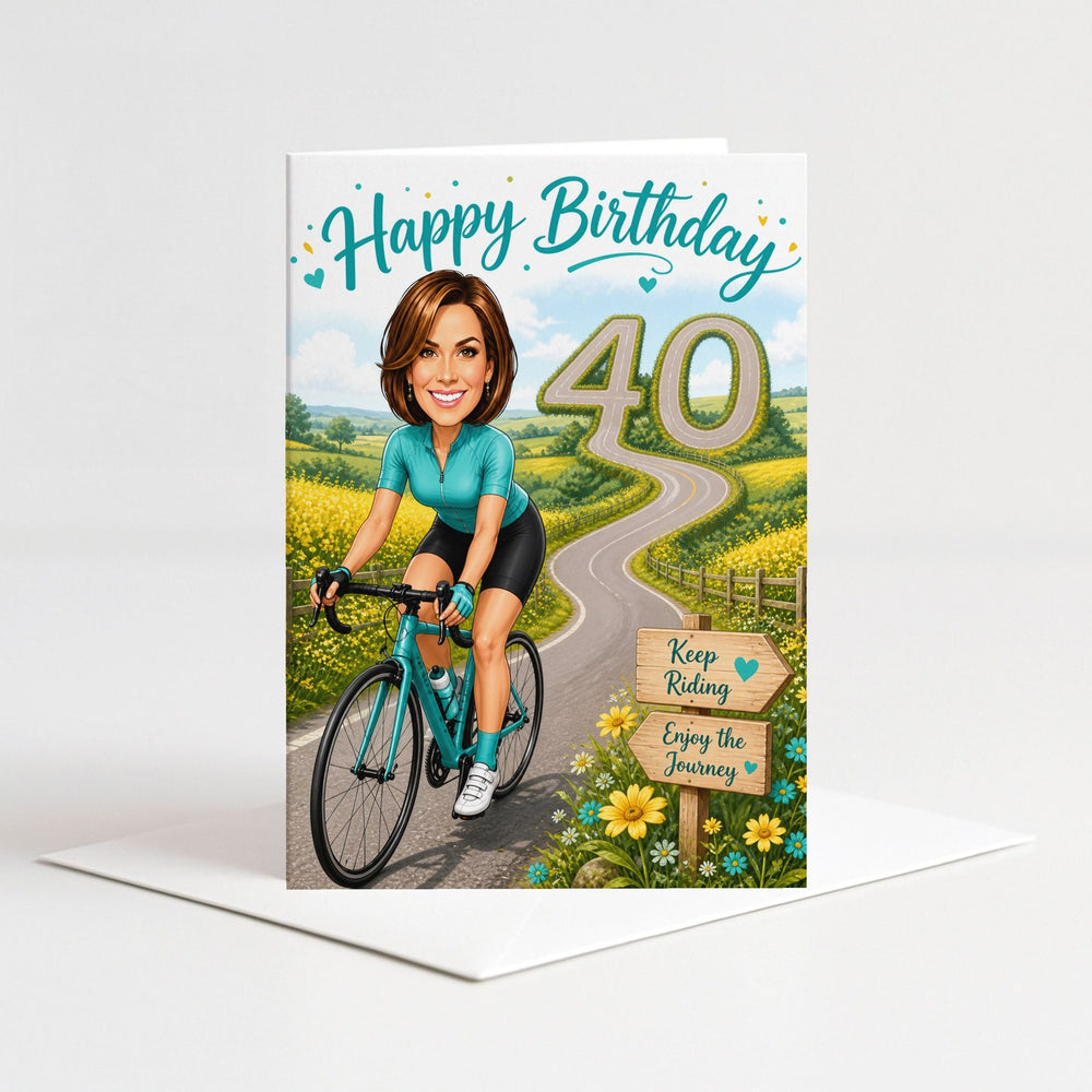 Custom Cycling in Action Birthday Caricature for Her as a 5x7 greeting card with envelope