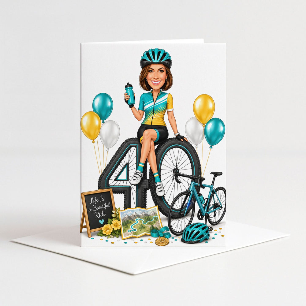Custom Cycling Birthday Caricature for Her on Giant Number as a 5x7 greeting card with envelope