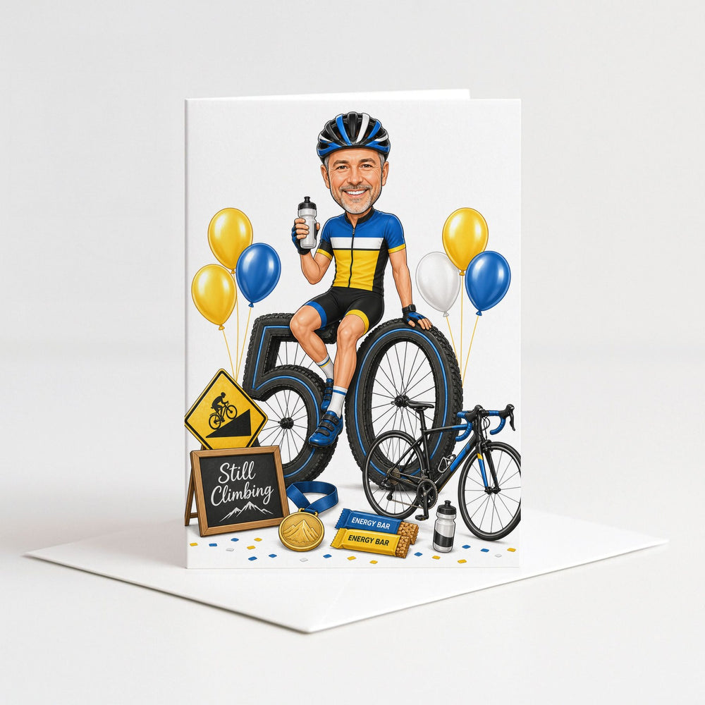 Custom Cycling Birthday Caricature for Him on Giant Number as a 5x7 greeting card with envelope