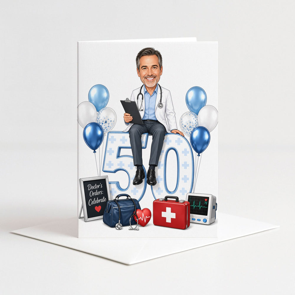 Custom Doctor Birthday Caricature for Him on Giant Number as a 5x7 greeting card with envelope