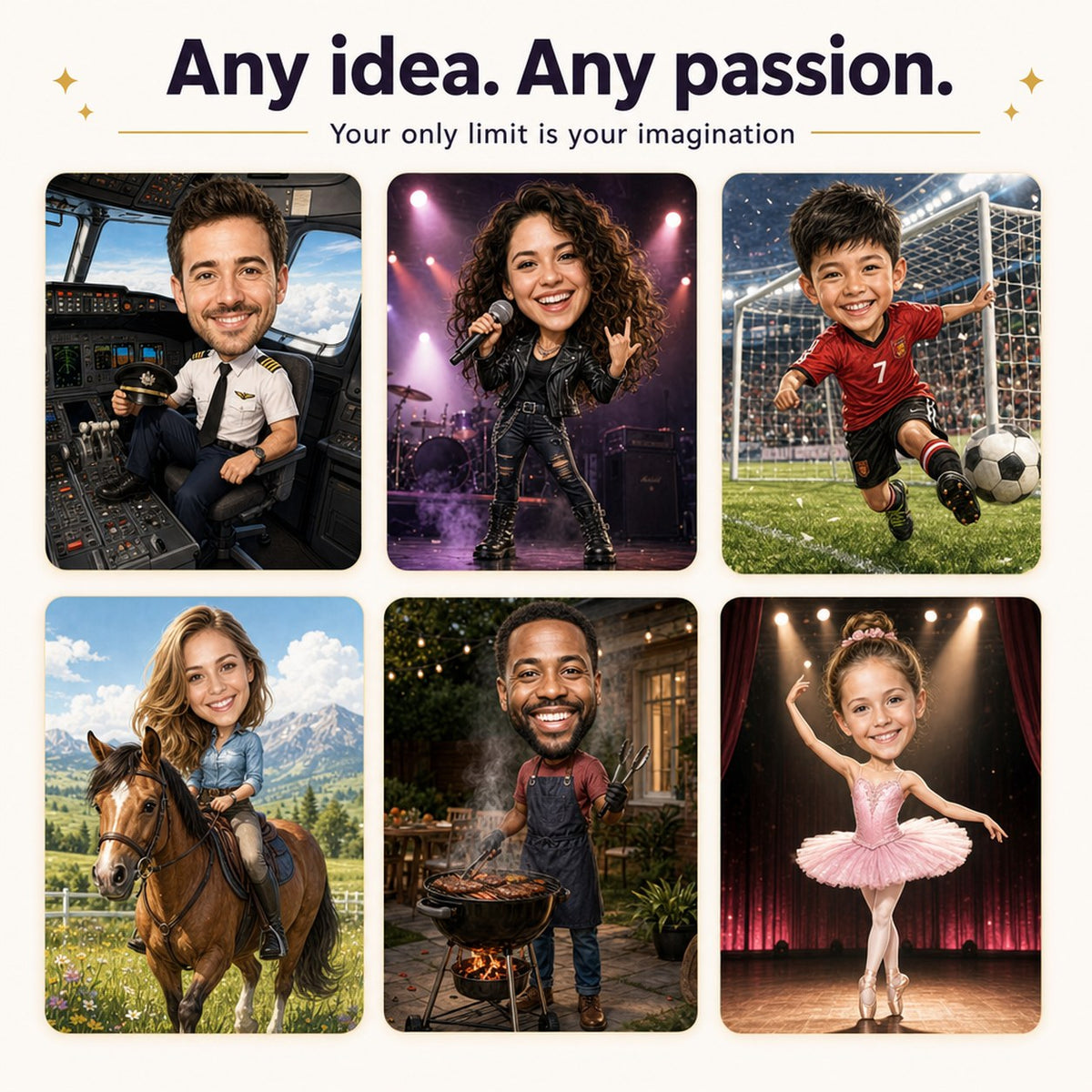Custom caricature examples for men, women and kids: pilot, rock singer, soccer, horse riding, barbecue, ballet