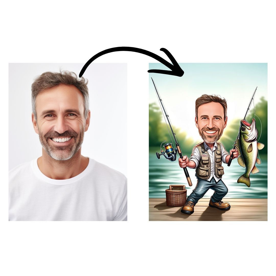 Custom caricature drawn from a customer photo: a fisherman with his catch