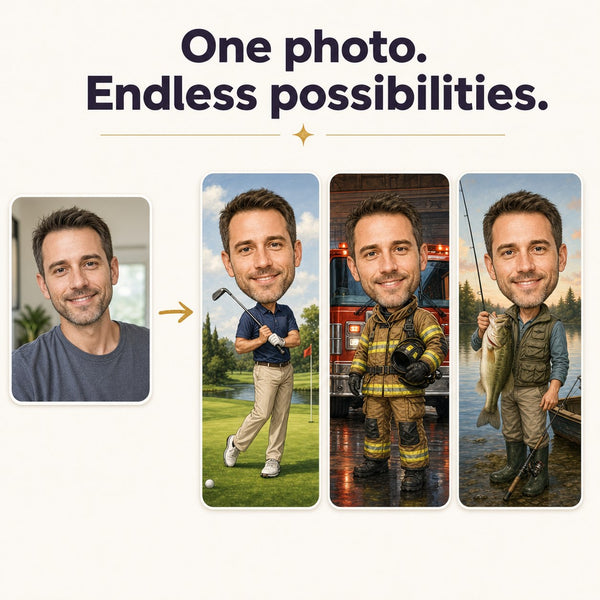 One photo turned into three custom caricatures: golfer, firefighter and fisherman