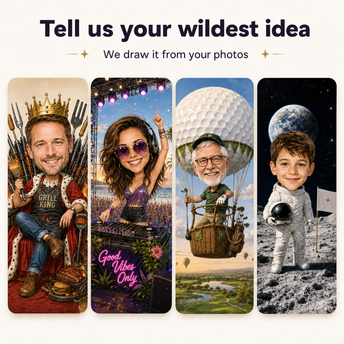 Fun custom caricature ideas: grill king, festival DJ, golf balloon, kid astronaut