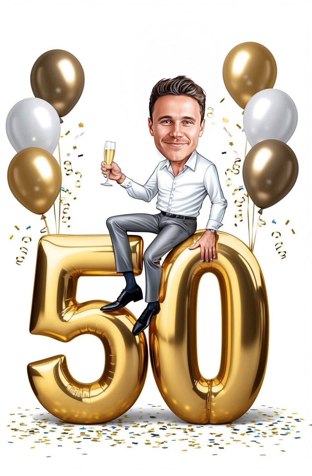 Man sits on giant gold 50 balloons, champagne flute, silver and gold balloons, confetti.
