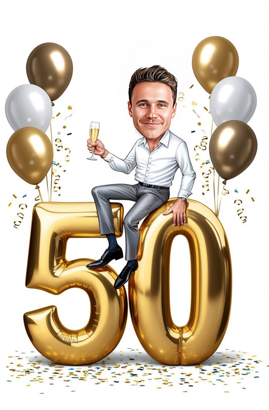 Man sits on giant gold 50 balloons, champagne flute, silver and gold balloons, confetti.