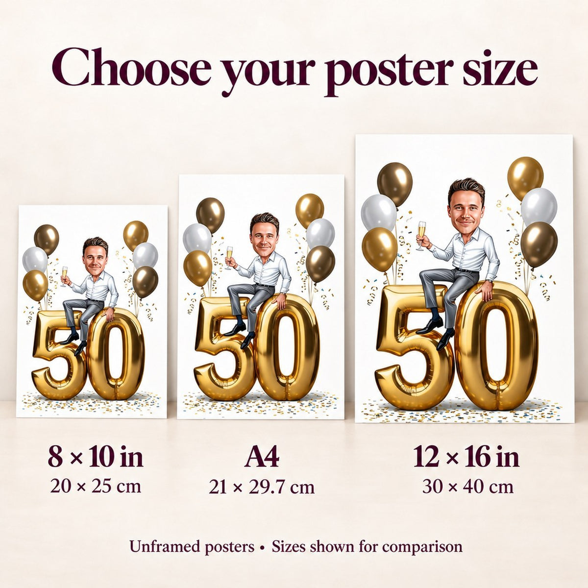8x10, A4, and 12x16 posters compared side by side for scale.