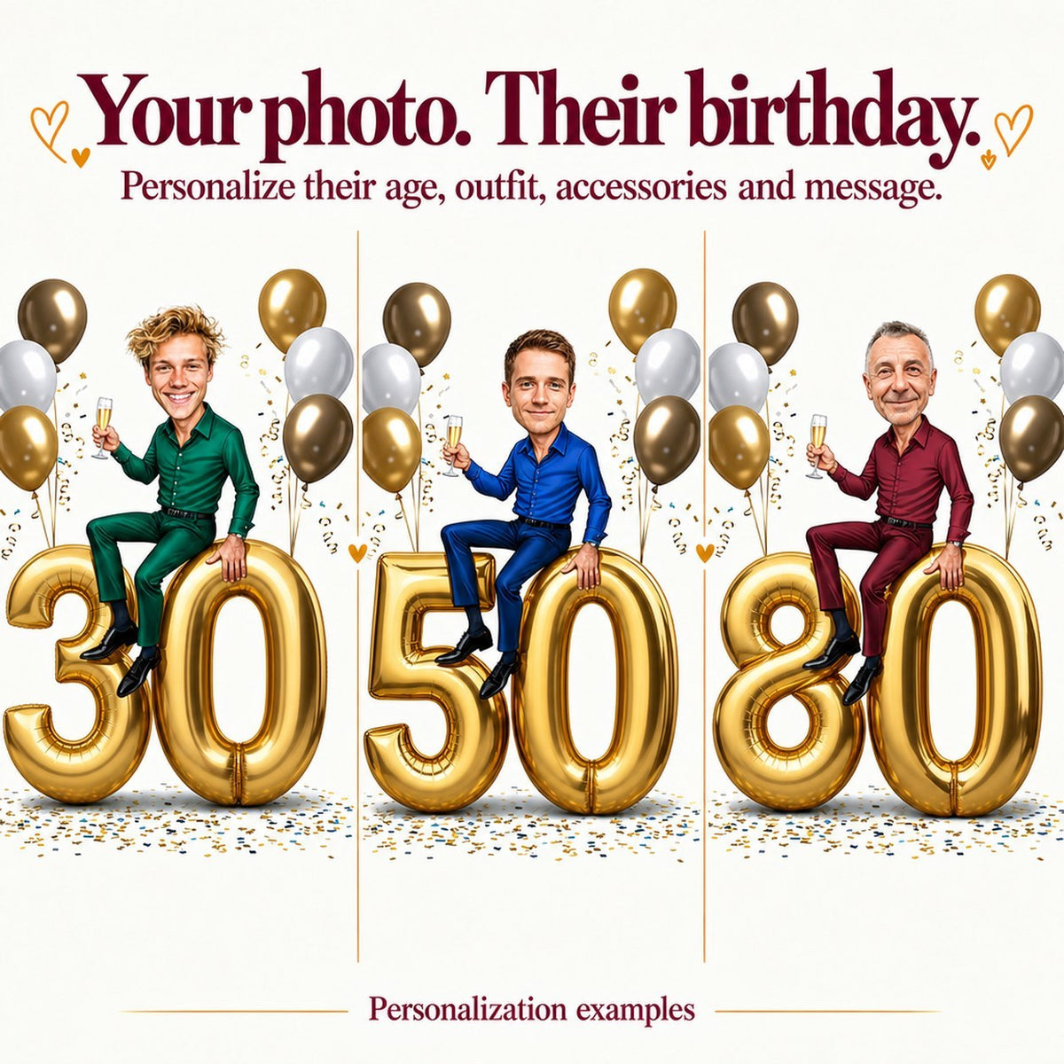 Three versions with different faces on gold numbers 30, 50, and 80.
