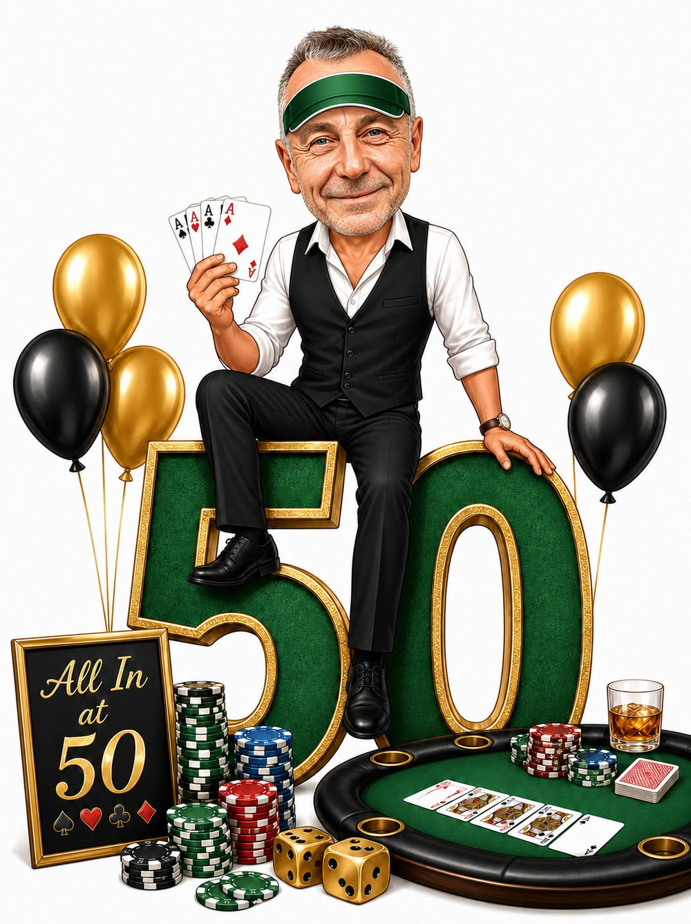 Man on giant 50 wearing green visor, holding four aces amid poker chips.
