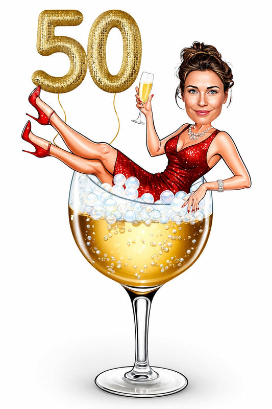 Woman in red sequined dress inside champagne glass with gold 50 balloons.