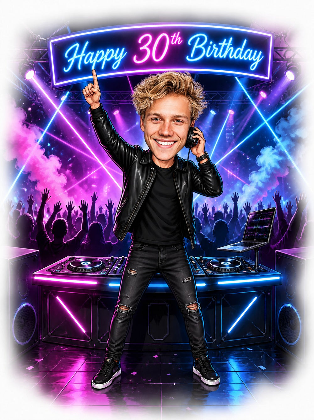 DJ birthday caricature with neon Happy 30th banner, turntables, laptop, crowd and lasers.