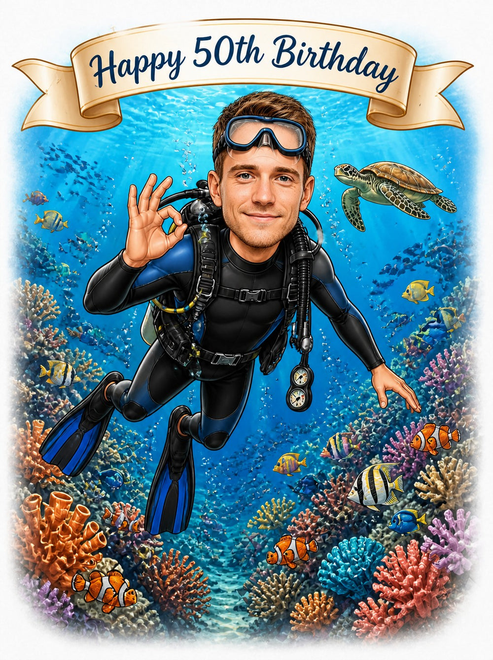 Male scuba diver caricature with OK sign, coral reef, sea turtle, birthday banner.