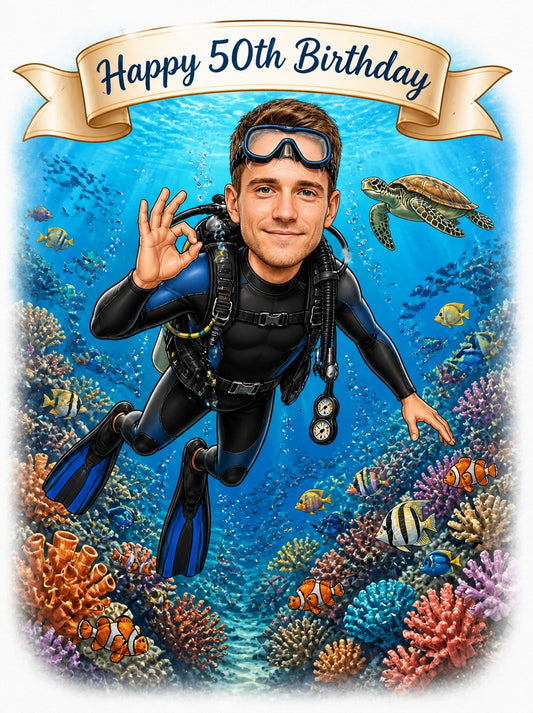 Male scuba diver caricature with OK sign, coral reef, sea turtle, birthday banner.