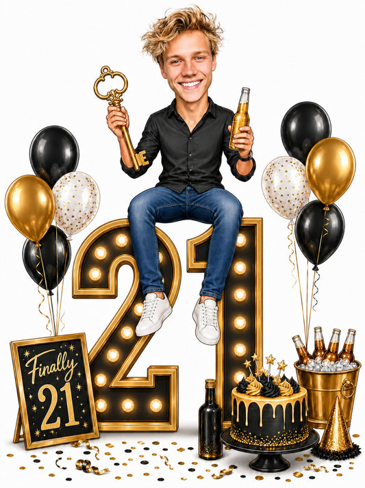 Man on light-up 21, holding beer and key, balloons and black-gold cake