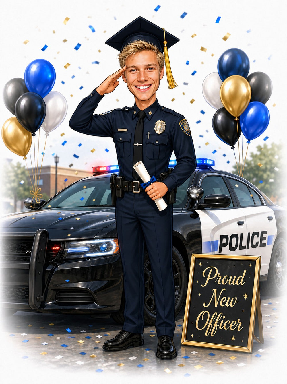 Caricature of new police officer saluting with cap, diploma, police car and Proud New Officer sign